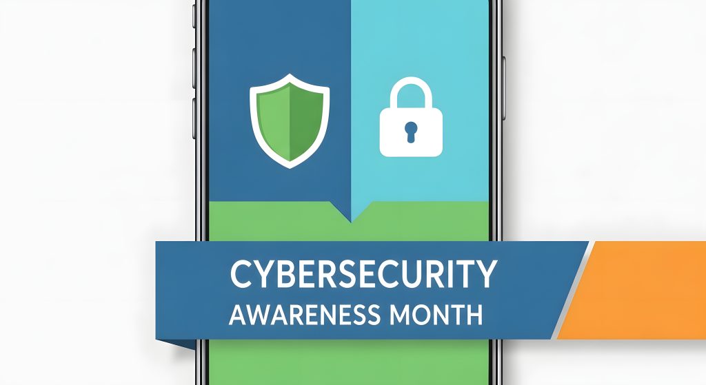 Promoting cybersecurity awareness month on mobile device, fostering digital safety and security with modern tech, essential for internet protection
